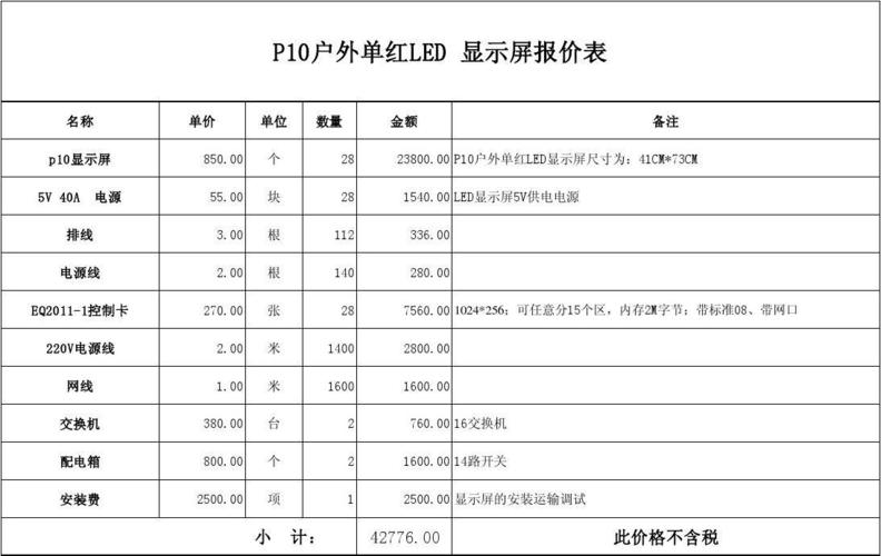 LED显示屏报价表格